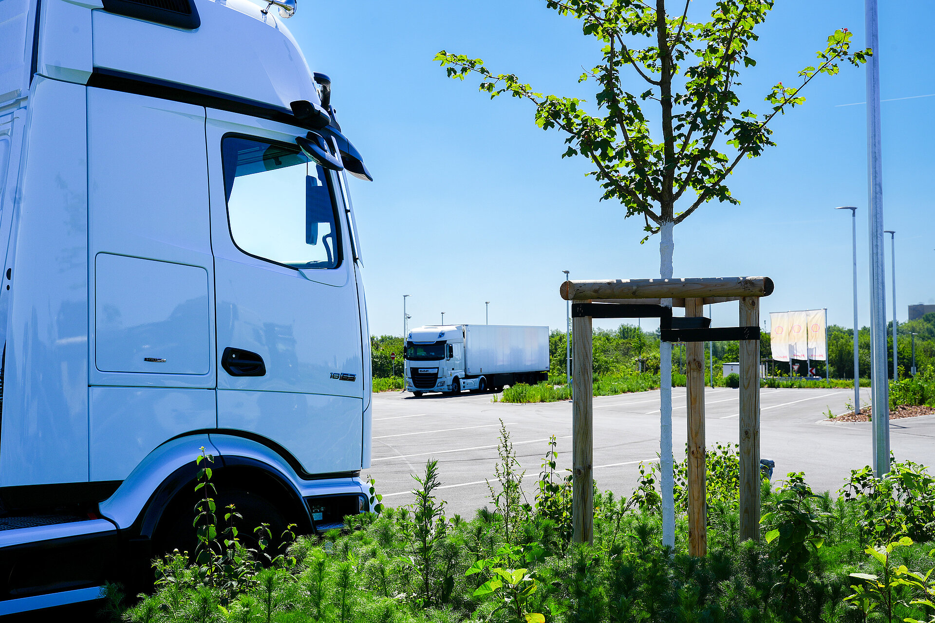 Blick auf ein LKW Führerhaus, das auf dem großen LKW Stellplatz steht.