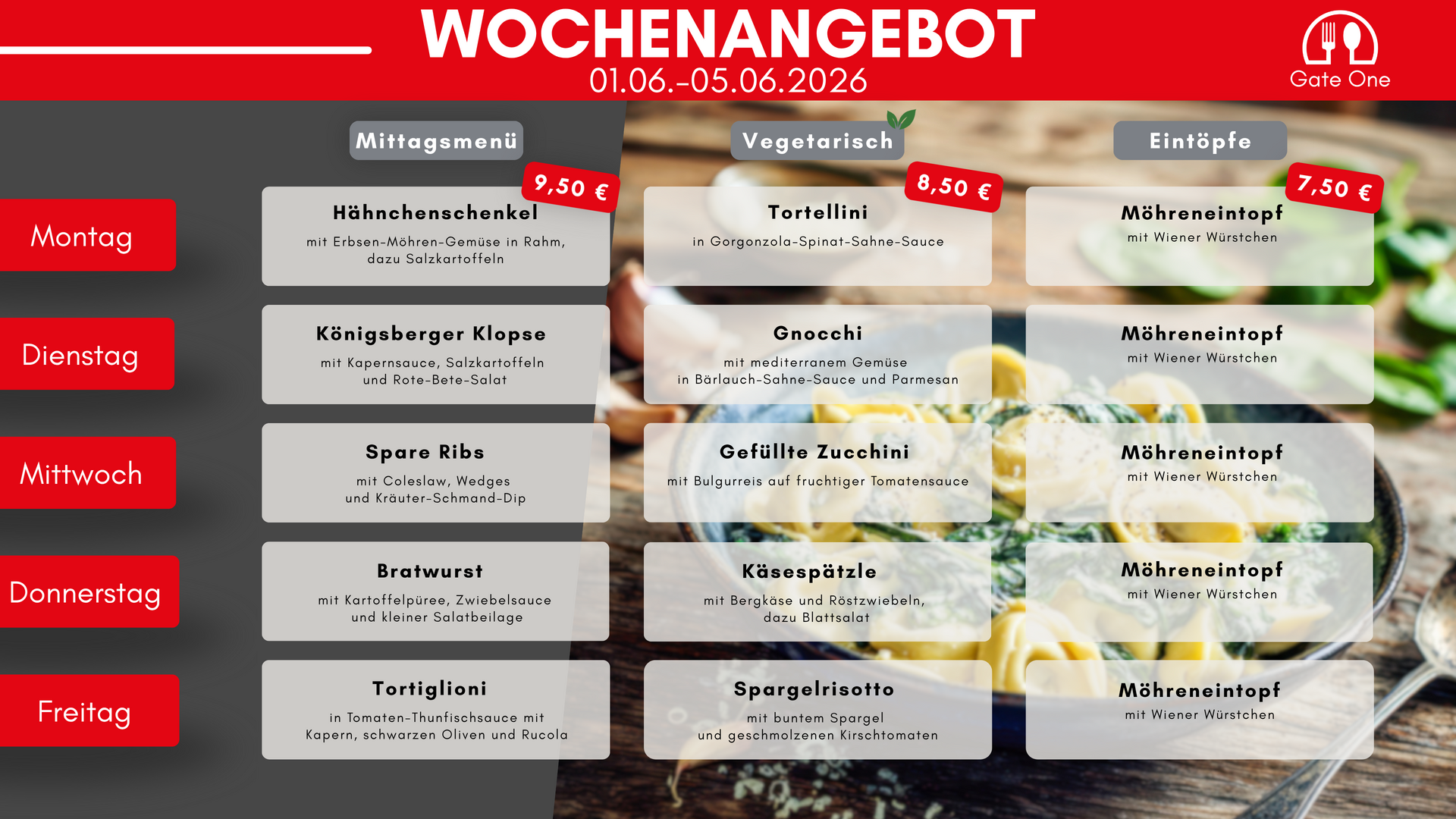 Wochenangebot mit Mittagsmenü, vegetarischen Gerichten und Eintöpfen vom 01.06. bis 05.06.2026 für 7,50–9,50 € pro Tag.
