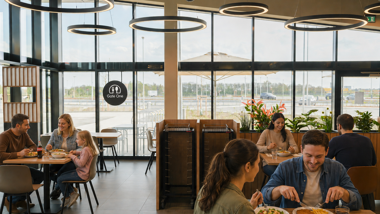 Modernes Restaurant am Autohof Hannover Airport mit Gästen beim Essen an Holztischen. Heller Gastraum mit großen Panoramafenstern, stilvollen Ring-Leuchten, gemütlicher Atmosphäre und Blick auf den Außenbereich. Geschäftsreisende und Besucher genießen frische Speisen im Bistro Gate One.