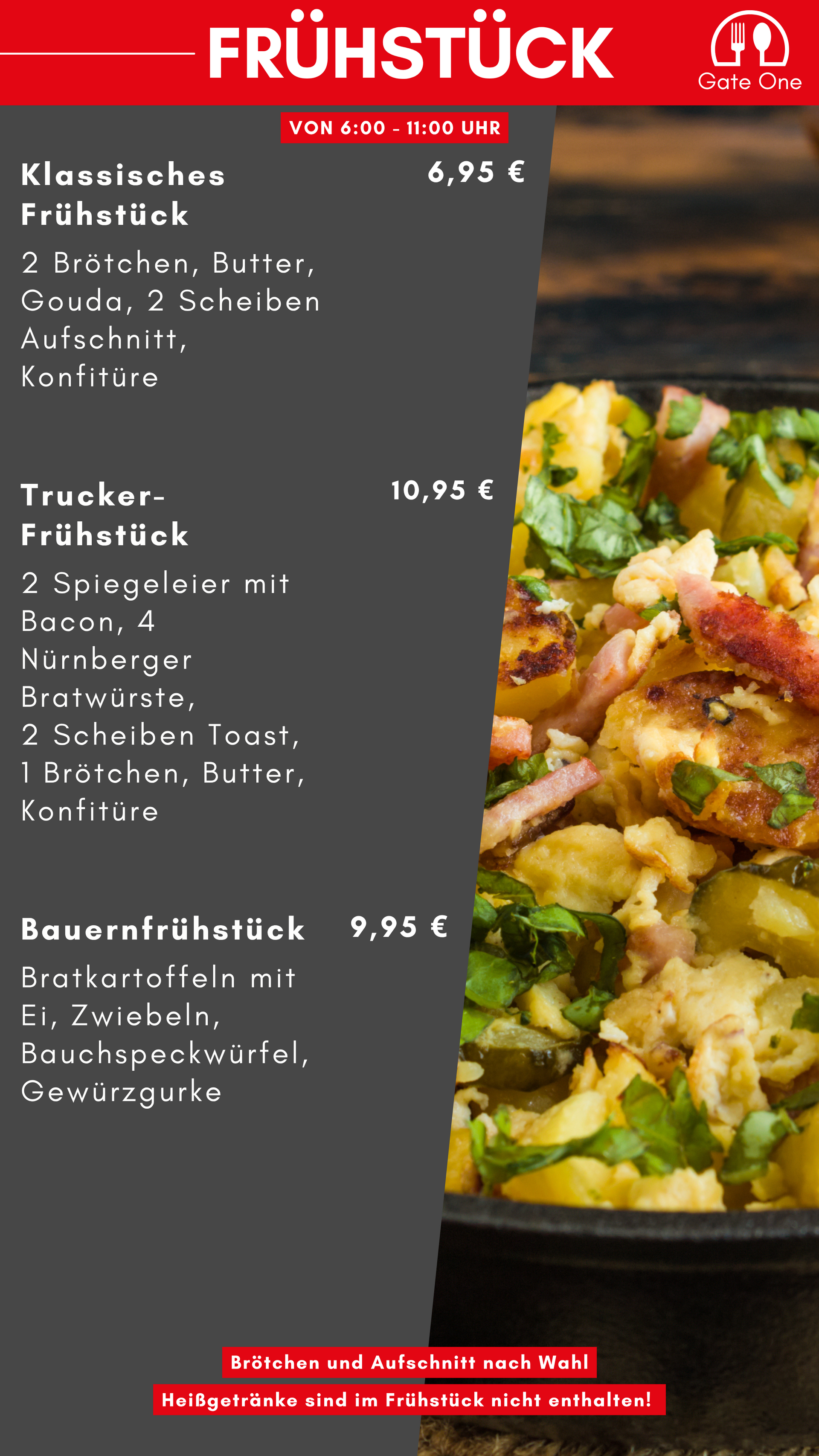Herzhaftes Frühstücksangebot mit klassischem Frühstück inklusive Brötchen, Käse und Aufschnitt für 6,95 €.