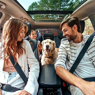 Familie im Auto mit fröhlichem Hund im Innenraum, sicher angeschnallt mit Sicherheitsgurten.