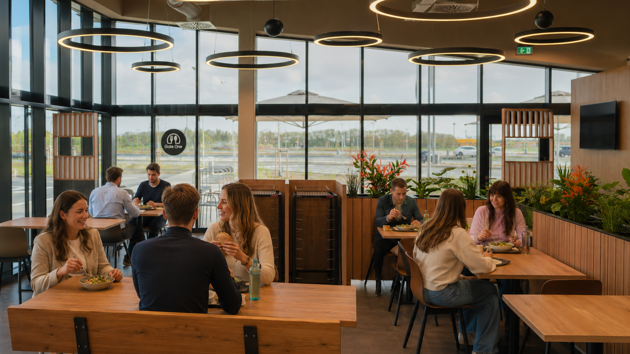 Moderner Gastraum im Bistro Gate One mit großen Fenstern, Tischen und Stühlen auf denen Gäste sitzen. Sowie Blick in den Außenbereich des Autohofs am Flughafen Hannover