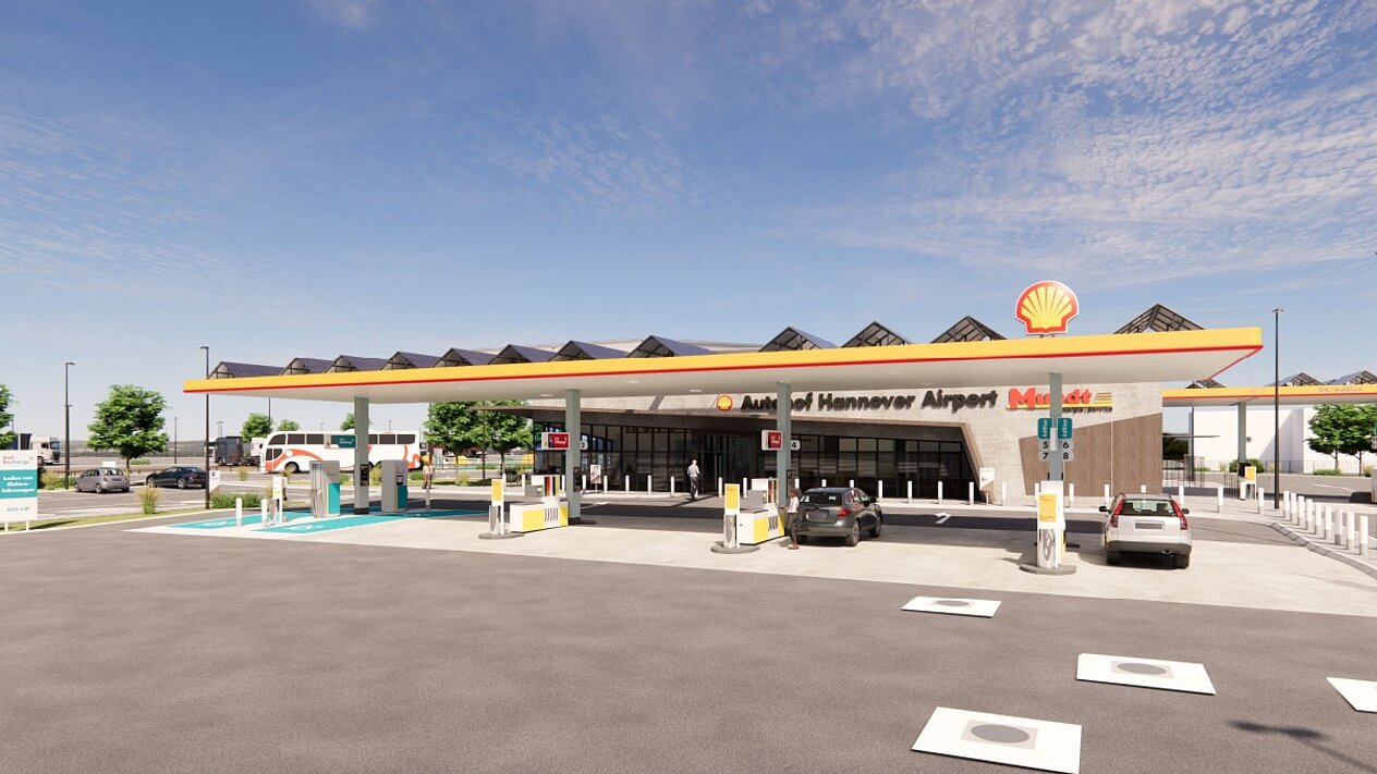 Moderne Architektur-Visualisierung einer Mundt Tankstelle mit Solaranlagen auf dem Dach