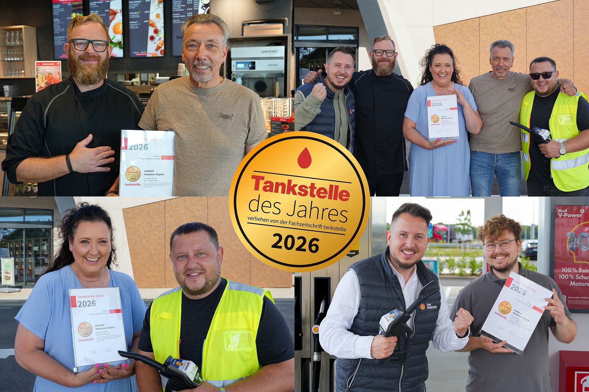 Collage mit vier Fotos von Mitarbeitenden präsentieren stolz Urkunden, die den Award „Tankstelle des Jahres 2026“, Urkunden und Tankpistolen präsentieren. In der Mitte ist das Logo „Tankstelle des Jahres 2026“ zu sehen.