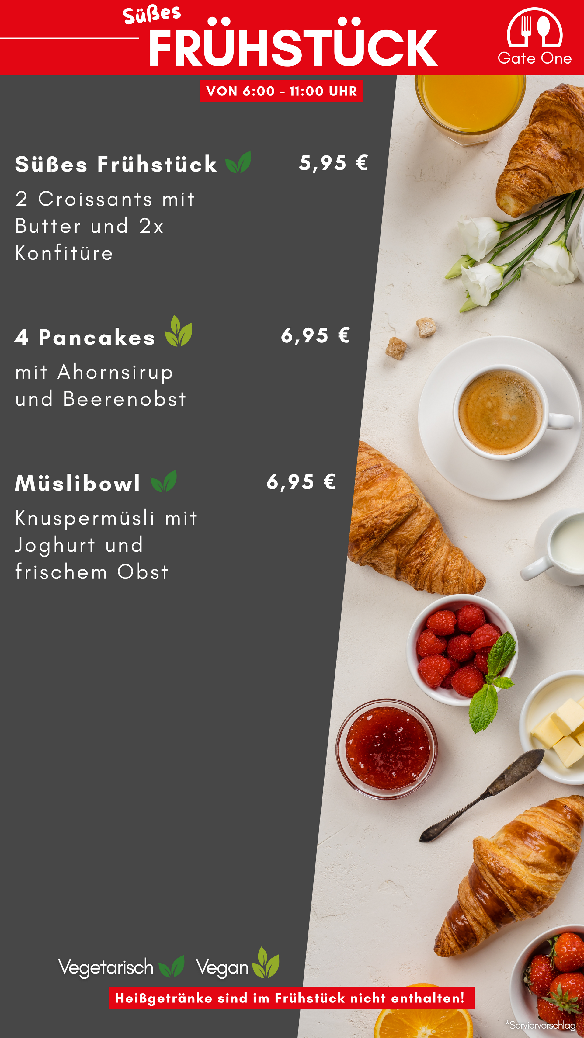 Süßes Frühstück mit Croissants und Konfitüre Vegetarisches und veganes Frühstücksbuffet von Gate One mit Croissants, Pancakes und Müslibowl im Angebot.