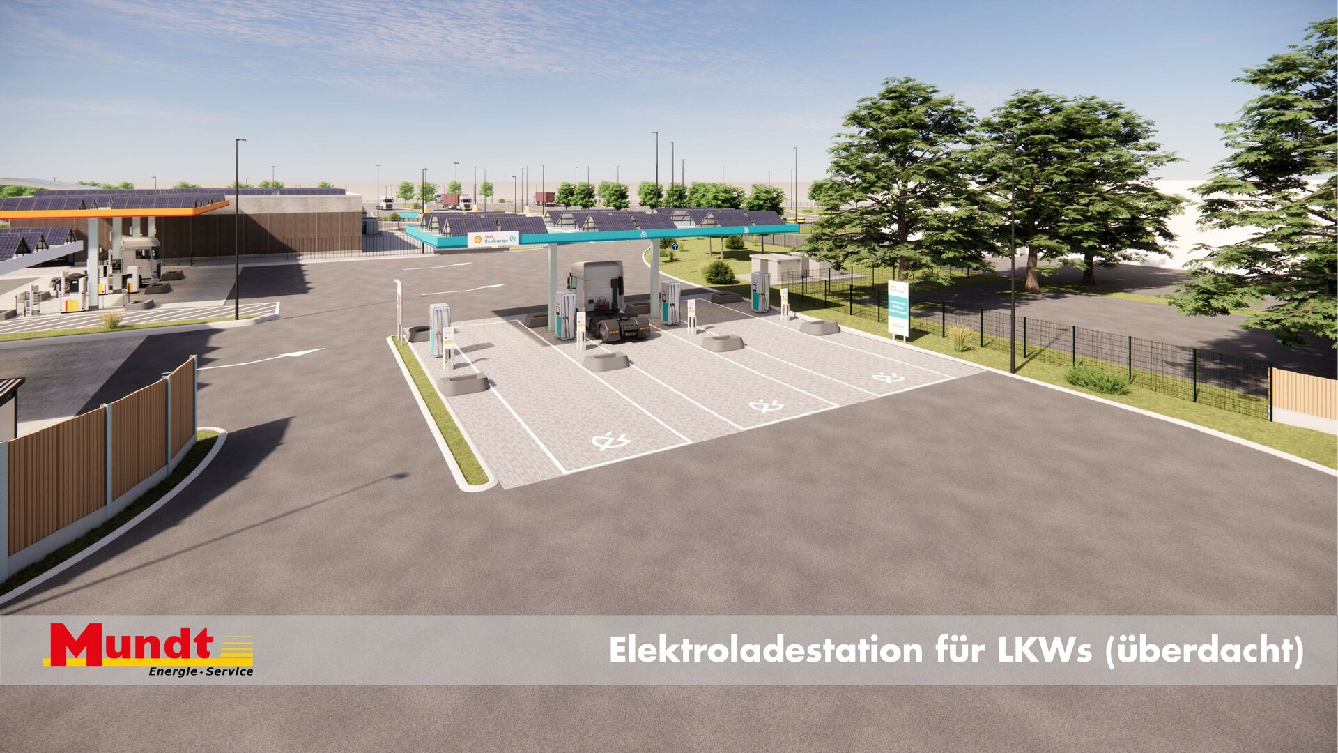 3 Schnelladesäulen inkl. Überdachung für schwere E-Trucks 3 Schnelladesäulen inkl. Überdachung für schwere E-Trucks