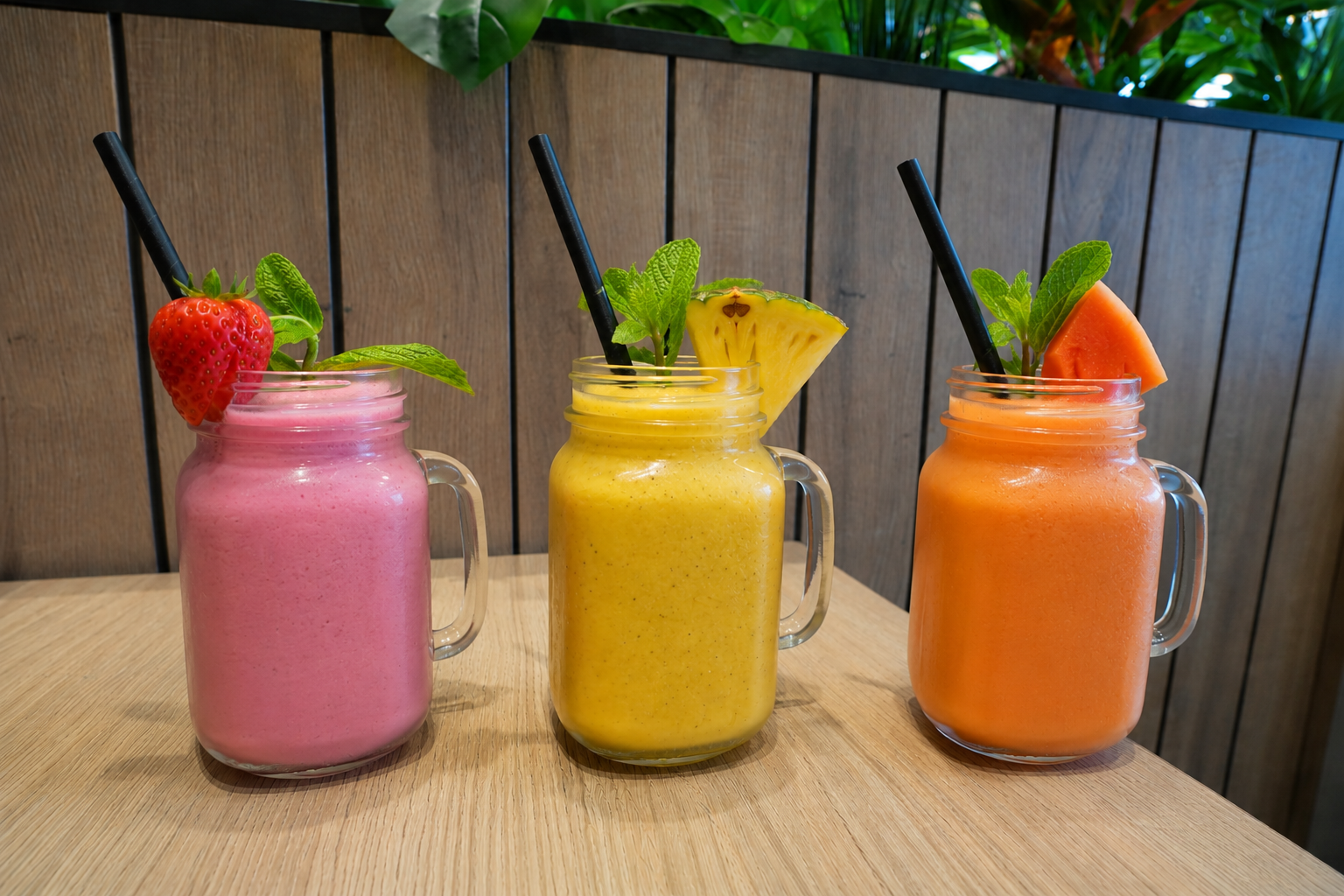 Man sieht drei fruchtige Smoothies in knalligen Farben und frischem Obst