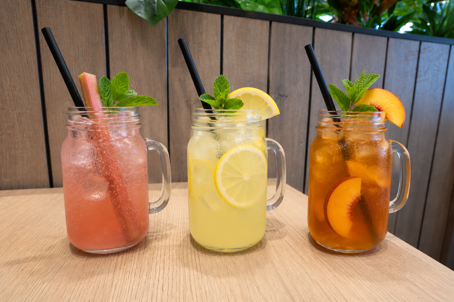 Drei leckere Limonaden, eiskalt serviert mit Rharbarber, Pfirsich und Zitrone